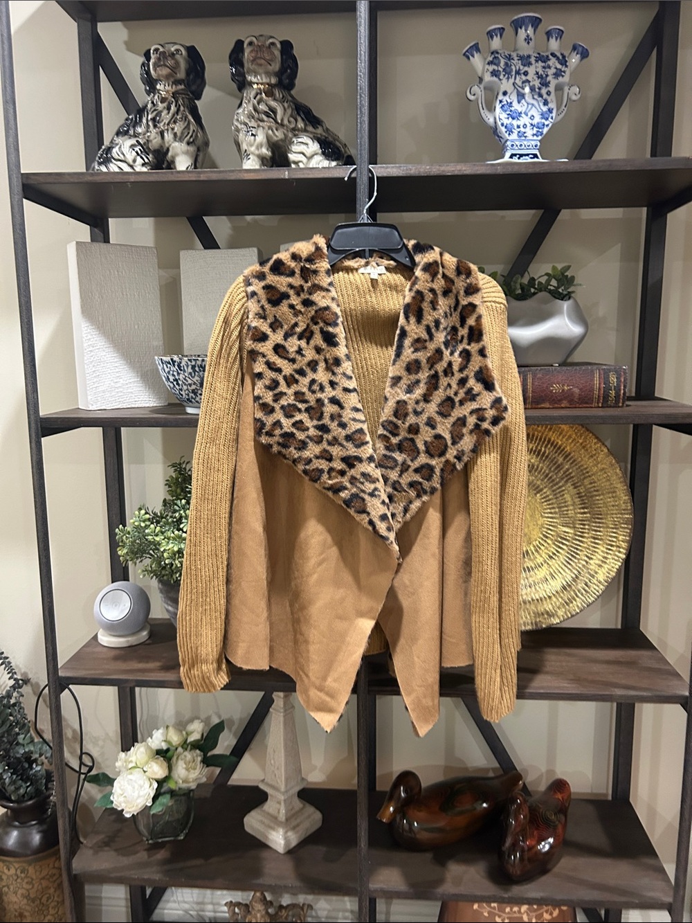 Kate & Sam small Leopard Trim Camel Open-Front Women's Cardigan Jacket